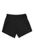 The Free Fly Womens Bamboo-Lined Breeze 6 Inch Short, in black, features an elastic waistband, side pockets, and moisture-wicking bamboo-lined fabric; shown laid flat on a white background.