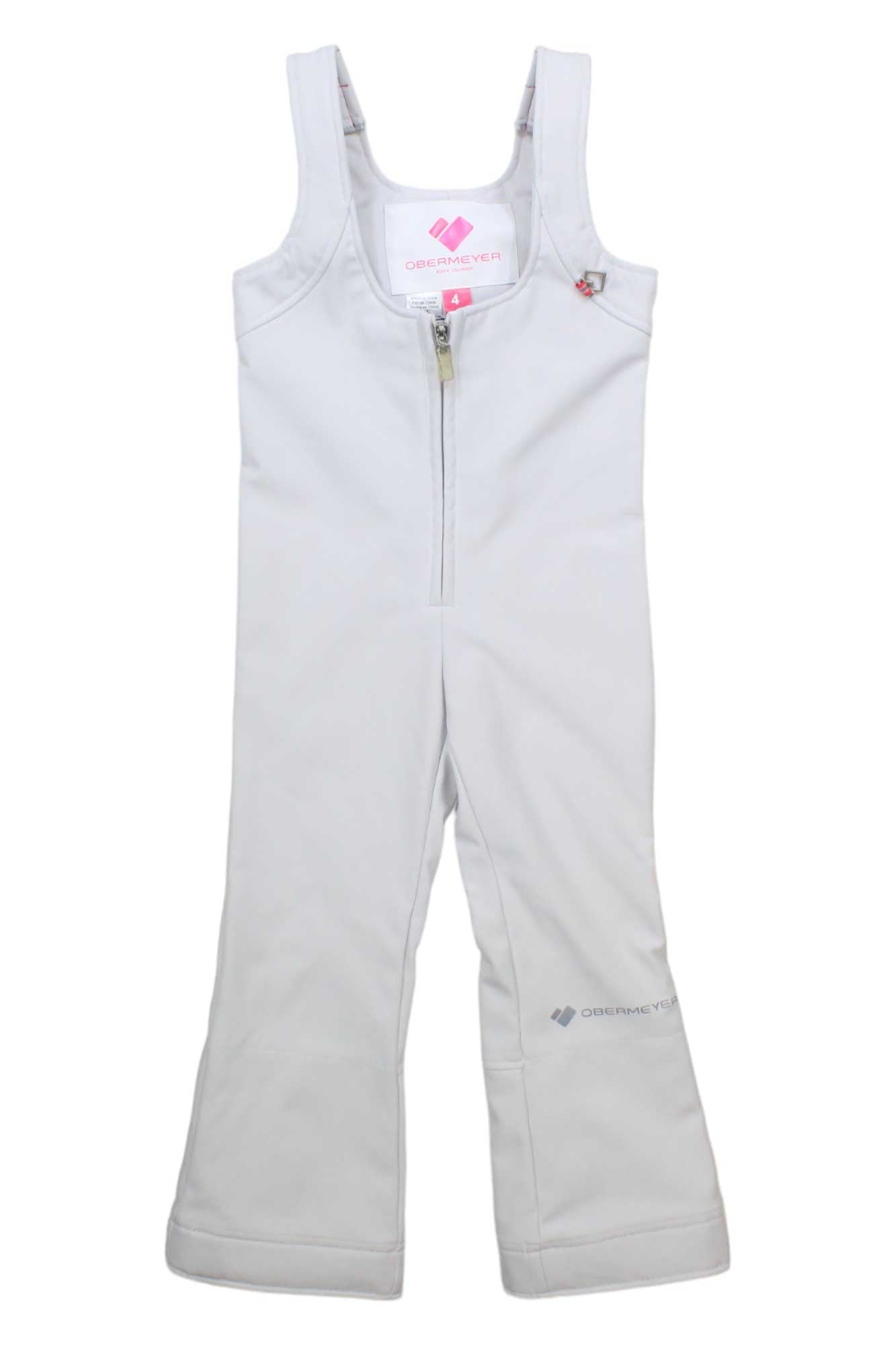 The Girls Snell Stretch Pant features light gray, water-resistant fabric, wide straps, a front zipper, and a slight flare at the bottom. Brand logos appear near the left leg hem and on the inside chest tag.