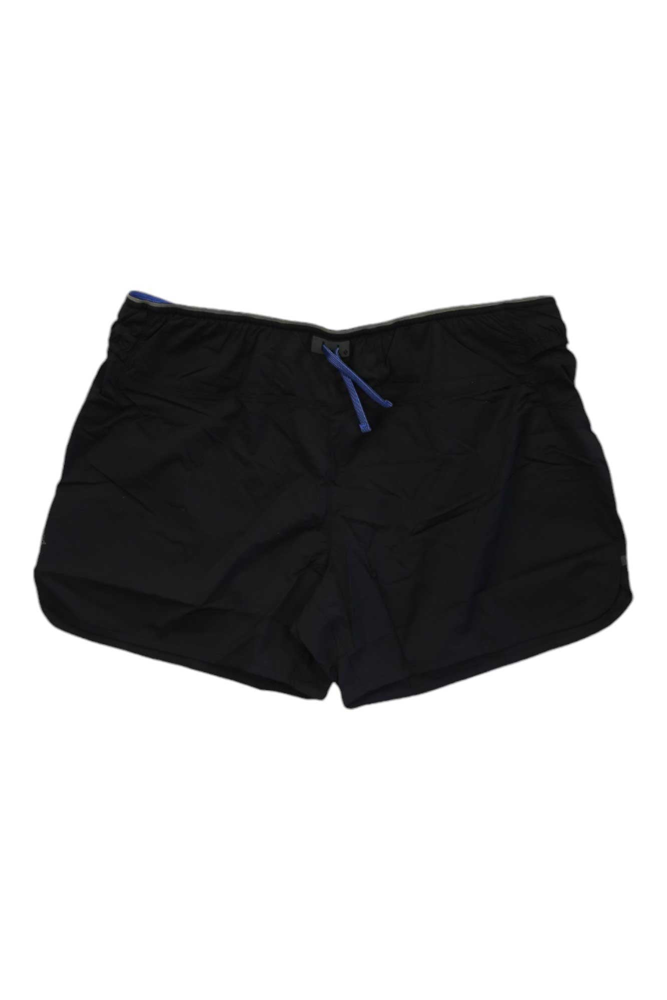 The Black Diamond Men's Sprint 5 Inch Short in black features an elastic waistband, blue drawstring, and reflective accents, displayed on a white background.