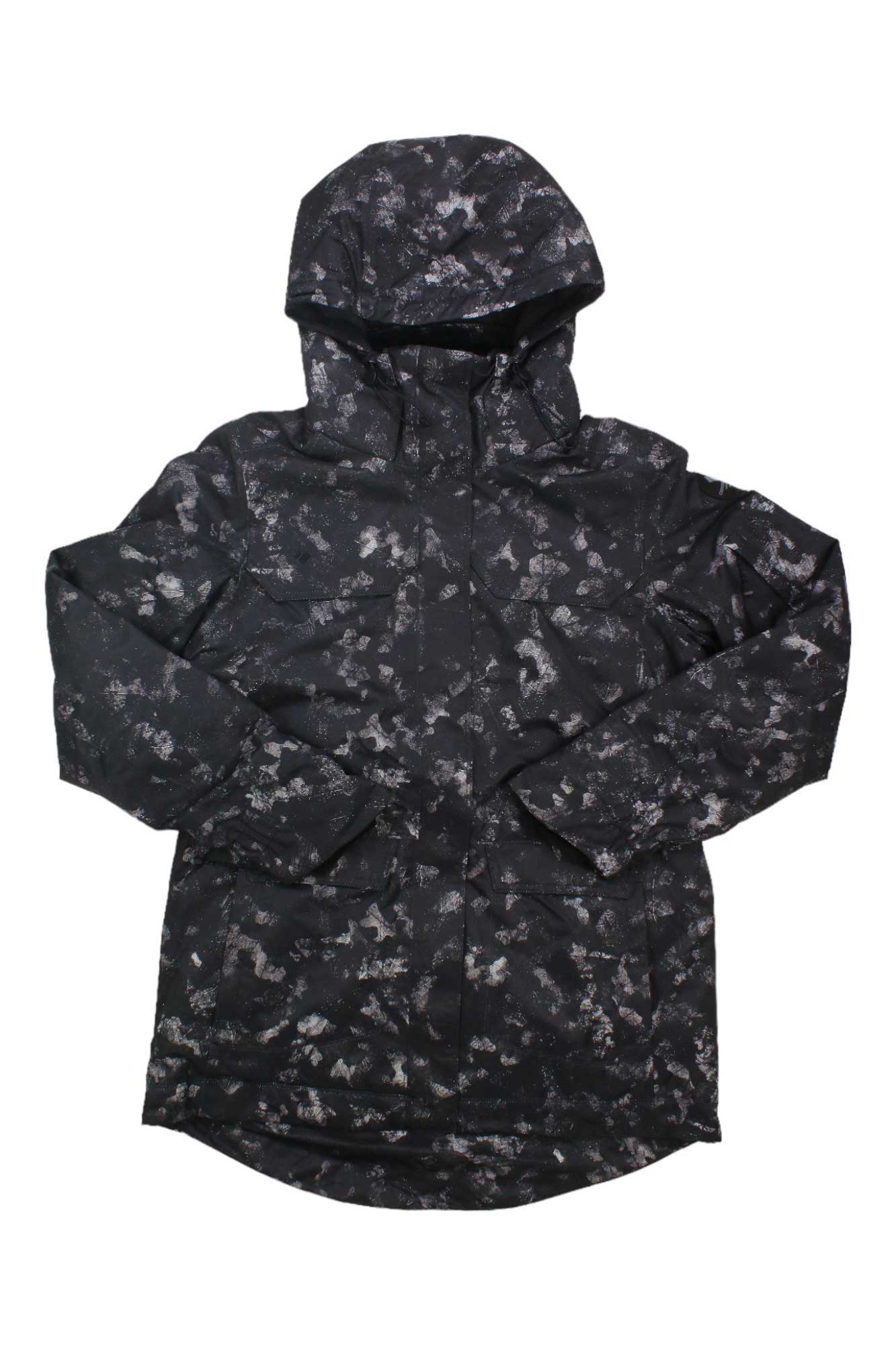 The Obermeyer Women's Celestia Jacket is a black, hooded, waterproof winter coat with a gray and white abstract camouflage pattern, shown flat on a white background.