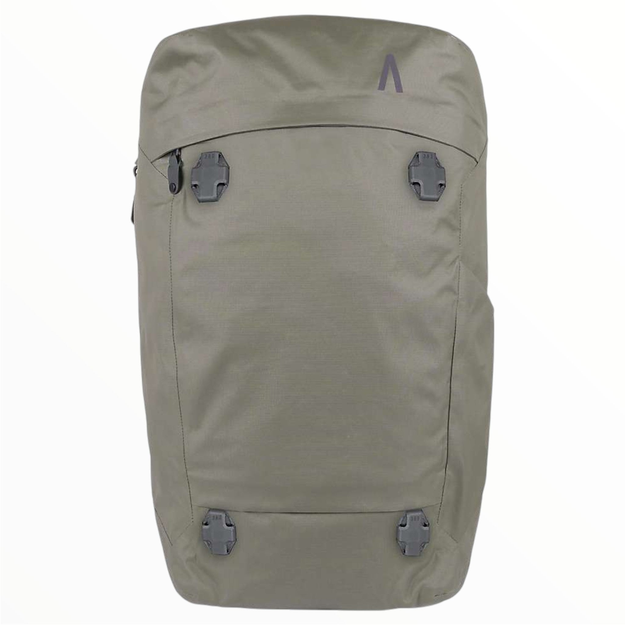 Olive fabric backpack with roll-top flap and front buckle straps