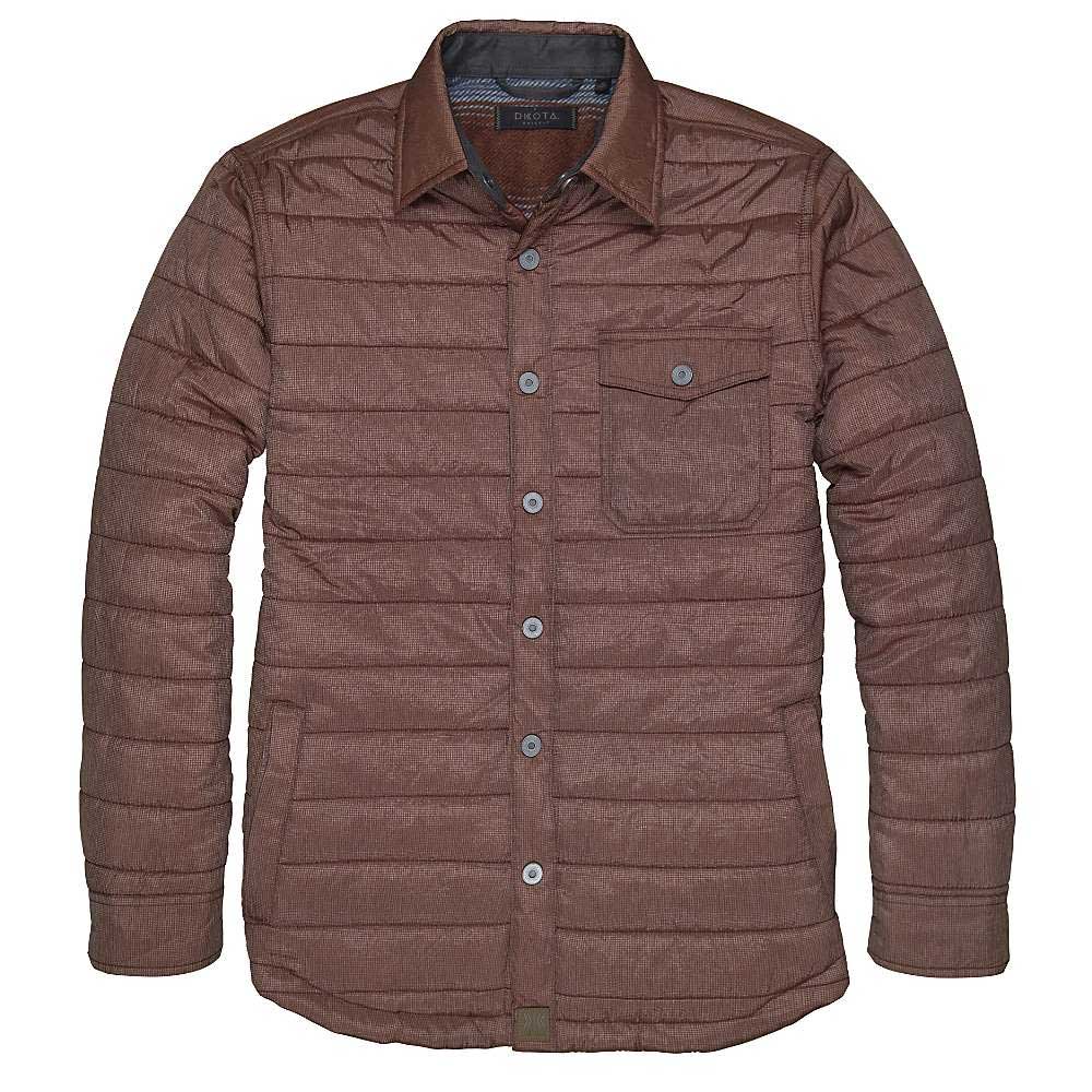 The Dakota Grizzly Men's Lucas Jacket is a brown, quilted, long-sleeve outdoor jacket featuring a collar, button-up front, and single chest pocket with buttoned flap for casual style and insulated warmth.