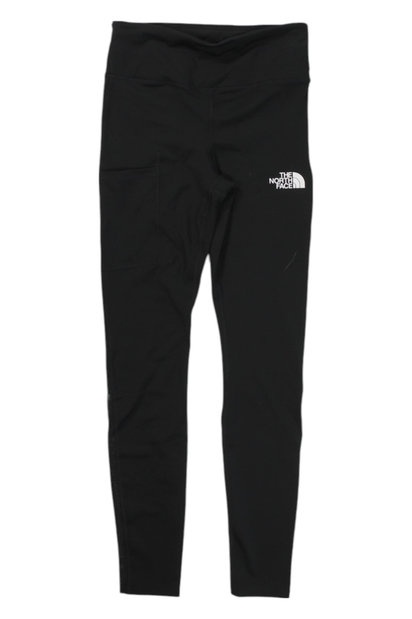 The North Face Womens Movmynt Tight: black, high-waisted stretchy leggings with a white logo on the upper left thigh. Part of The North Face activewear, these tights offer comfort and style for your workouts. Displayed on a white background.