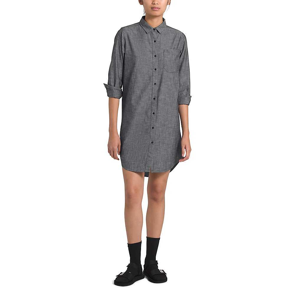 Women’s dark gray chambray dress with point collar, button front, and rolled 3/4 sleeves
