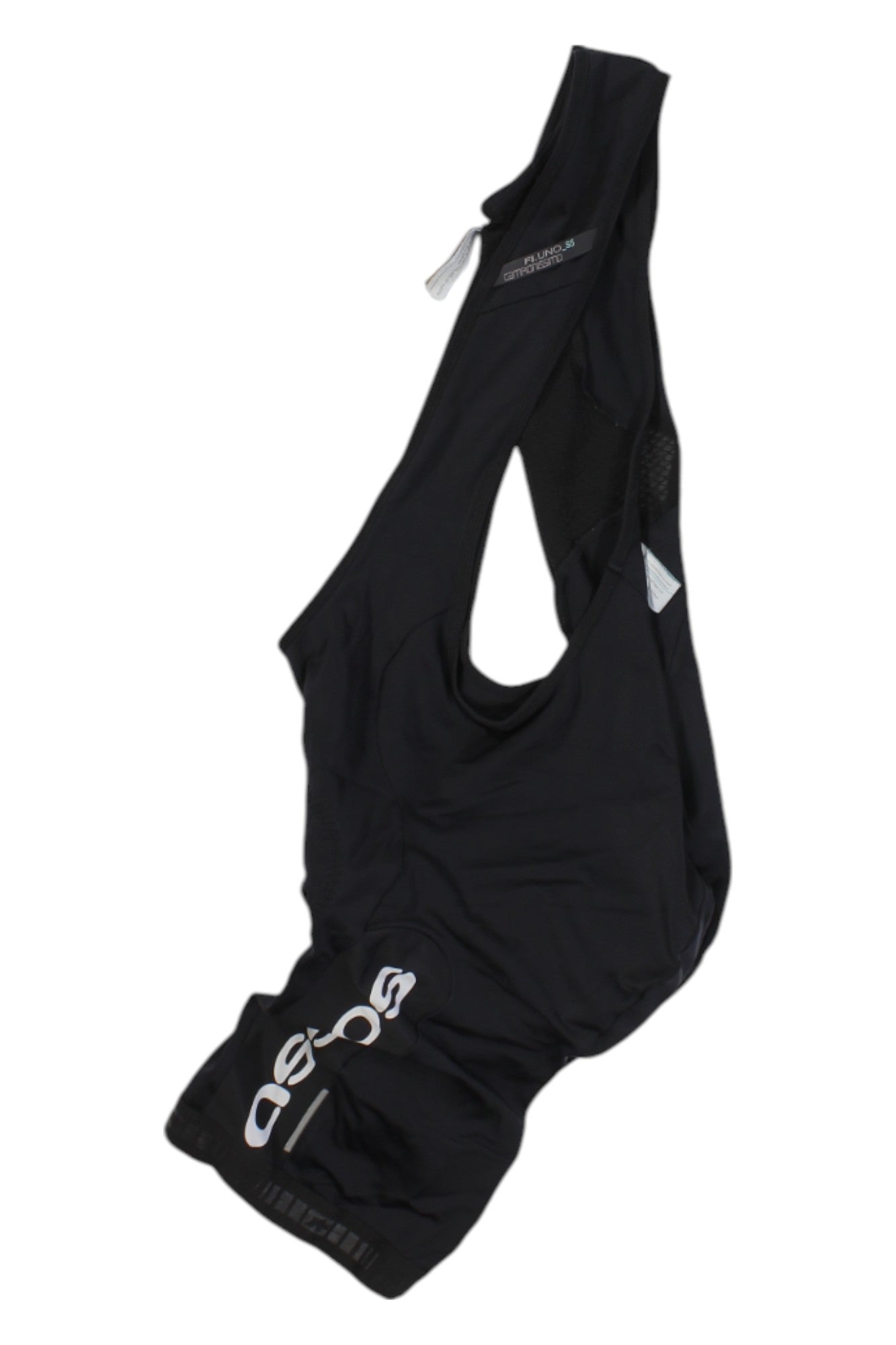 Mens ASSOS F1 13 S5 Campionissimo Bib Shorts in black with shoulder straps and a white “sas” logo on one leg, made from stretchy, breathable fabric, shown laid flat on a white background.