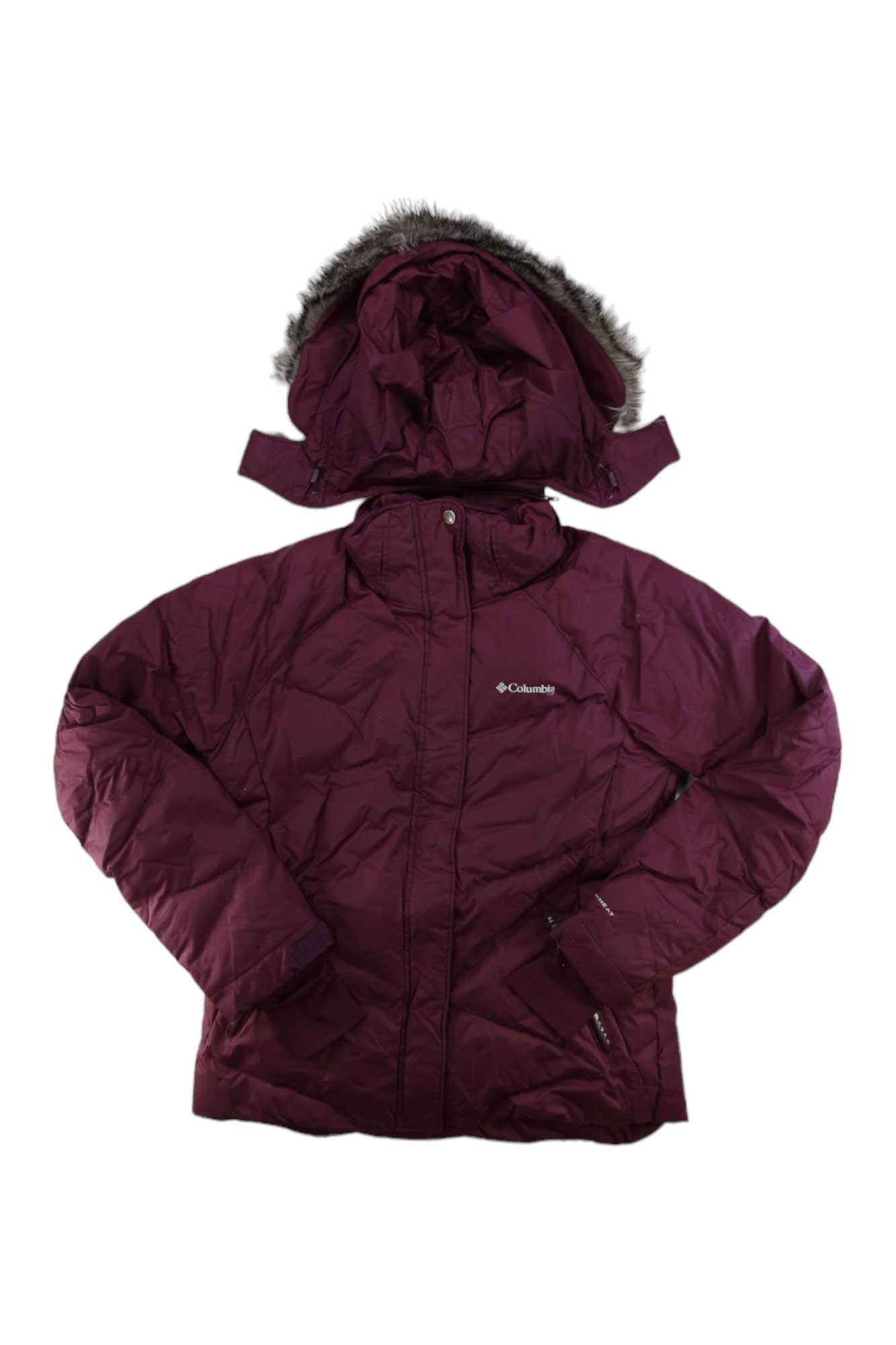 Women's Columbia Lay D Down III puffer jacket, purple with faux-fur hood trim