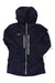 The Mammut Womens Haldigrat Air HS Hooded Jacket is a dark navy, waterproof, breathable alpine skiing jacket with a front zipper, two zippered diagonal chest pockets, long sleeves, and the MAMMUT logo on the chest.