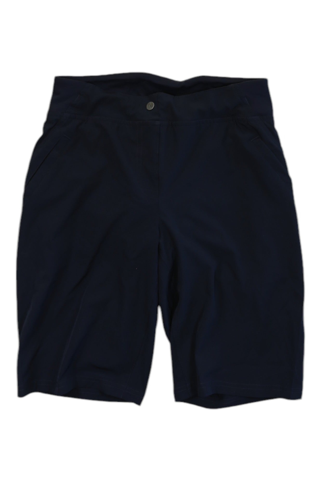 The Louis Garneau Womens Radius 2 Short is a pair of black, knee-length cycling shorts for women with side pockets, a front button closure, and moisture-wicking fabric, shown against a white background.