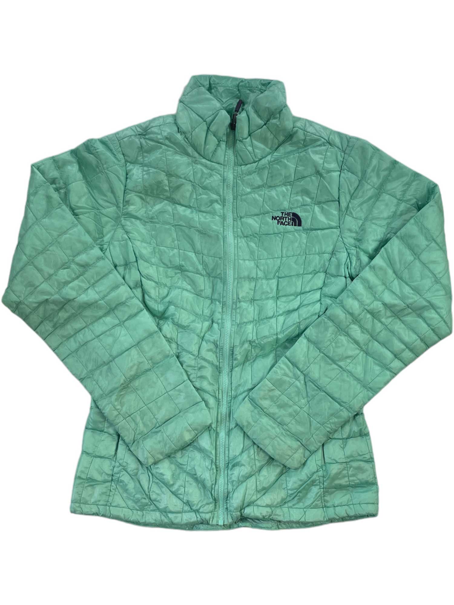 The Women’s ThermoBall Insulated Full-Zip Jacket by The North Face comes in light green, with a front zipper, left chest logo, stand-up collar, and long sleeves for added warmth.
