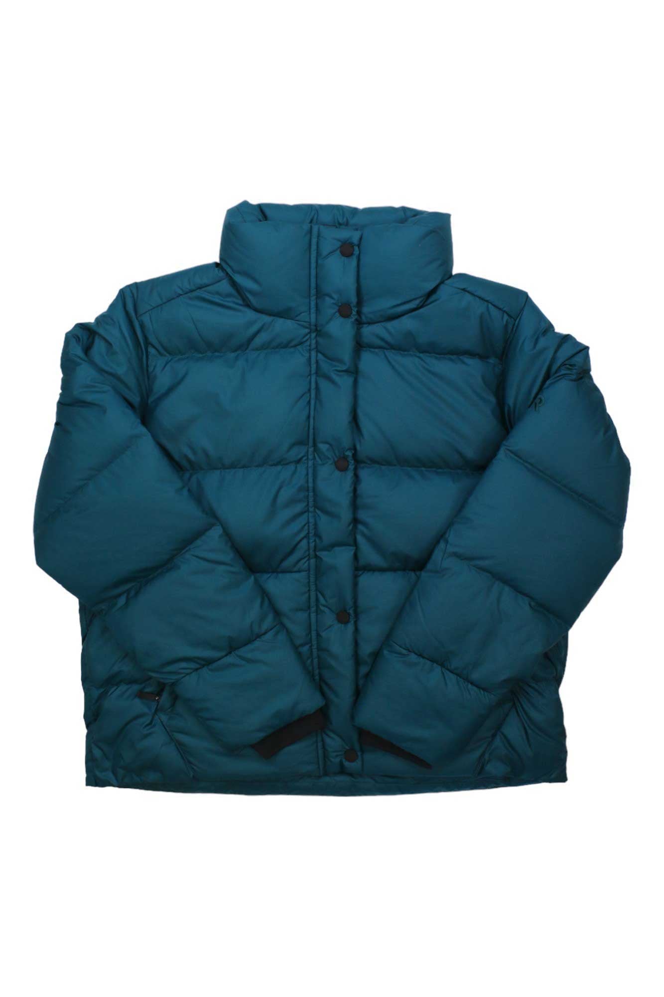 Women's insulated down jacket, teal blue with hood and full button front