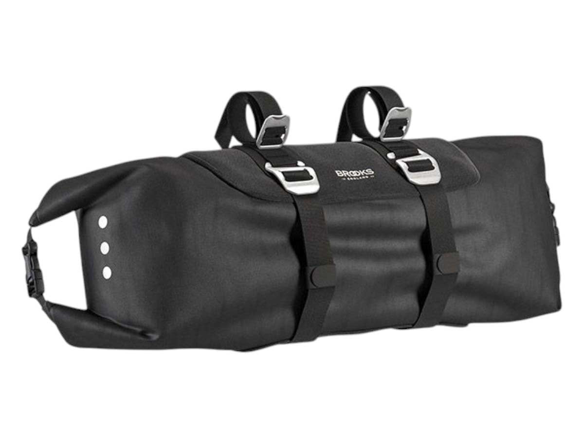 Black handlebar roll bag with two front buckled straps and reflective accents