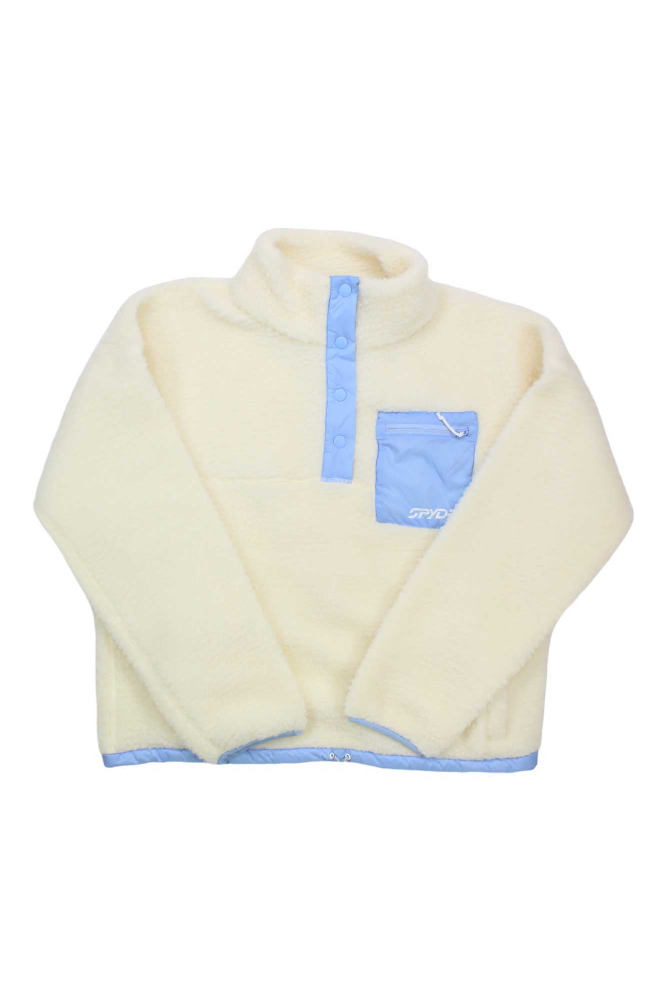 The Spyder Women's Sherman Sherpa Jacket is cream-colored with light blue accents, a buttoned neckline, chest pocket with a small white logo, and hem trim.