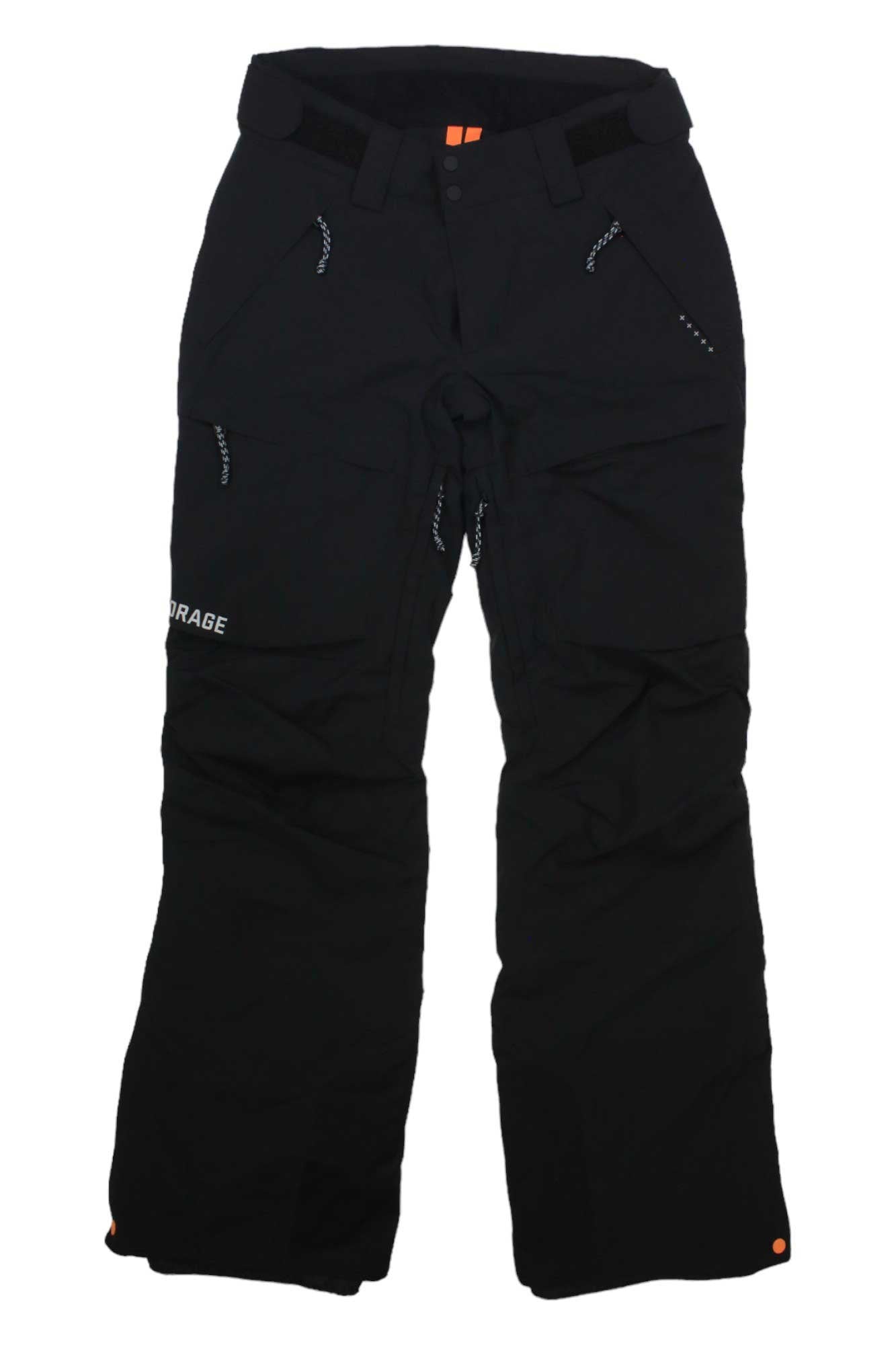 The Orage Women's Clara Insulated Pant, shown laid flat on a white background, features multiple zippered pockets, an adjustable waistband, and reinforced knees. "ORAGE" is printed on the upper left thigh—ideal for winter snowboarding adventures.