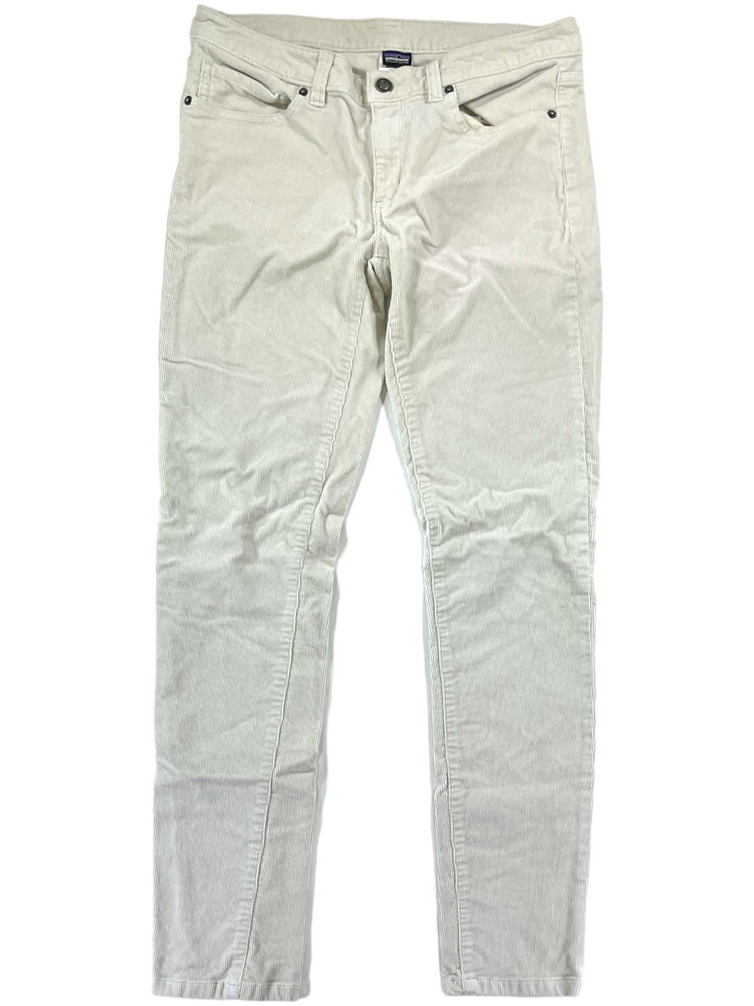 Women's Fitted Corduroy Pants in light beige, made from organic cotton with a straight-leg cut, feature front and back pockets, belt loops, and a button closure. Shown laid flat on a white background.