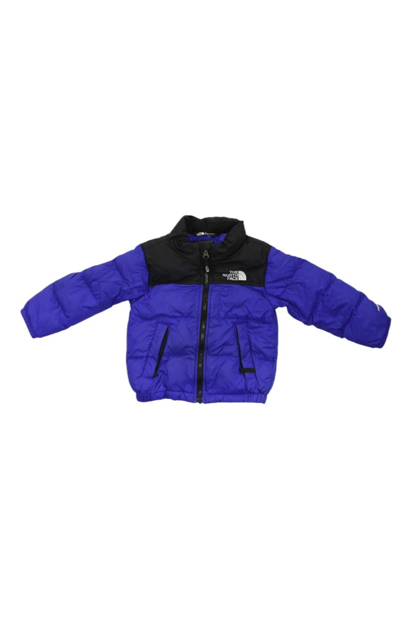 Kids Nuptse down jacket, bright blue with black hood and full-zip front