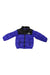 Kids down jacket in blue with black hood, zip closure, and chest logo patch