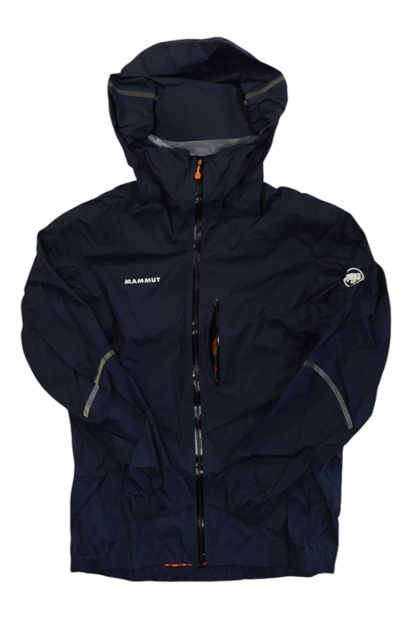 A dark blue Mammut Mens Nordwand Light HS Hooded Jacket with a front zipper, chest pocket, and Mammut logos on the chest and sleeve, displayed flat on a white background.