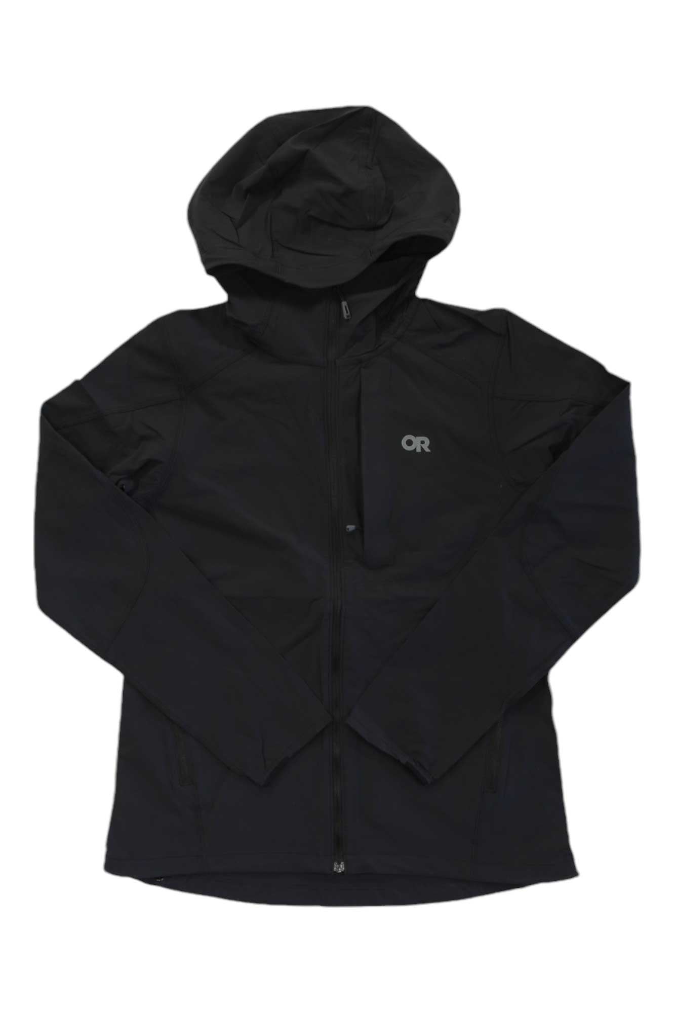 The Outdoor Research Women's Ferrosi Hoodie in black, a lightweight, breathable jacket with a front zipper and OR logo on the left chest, is shown laid flat on a white background.