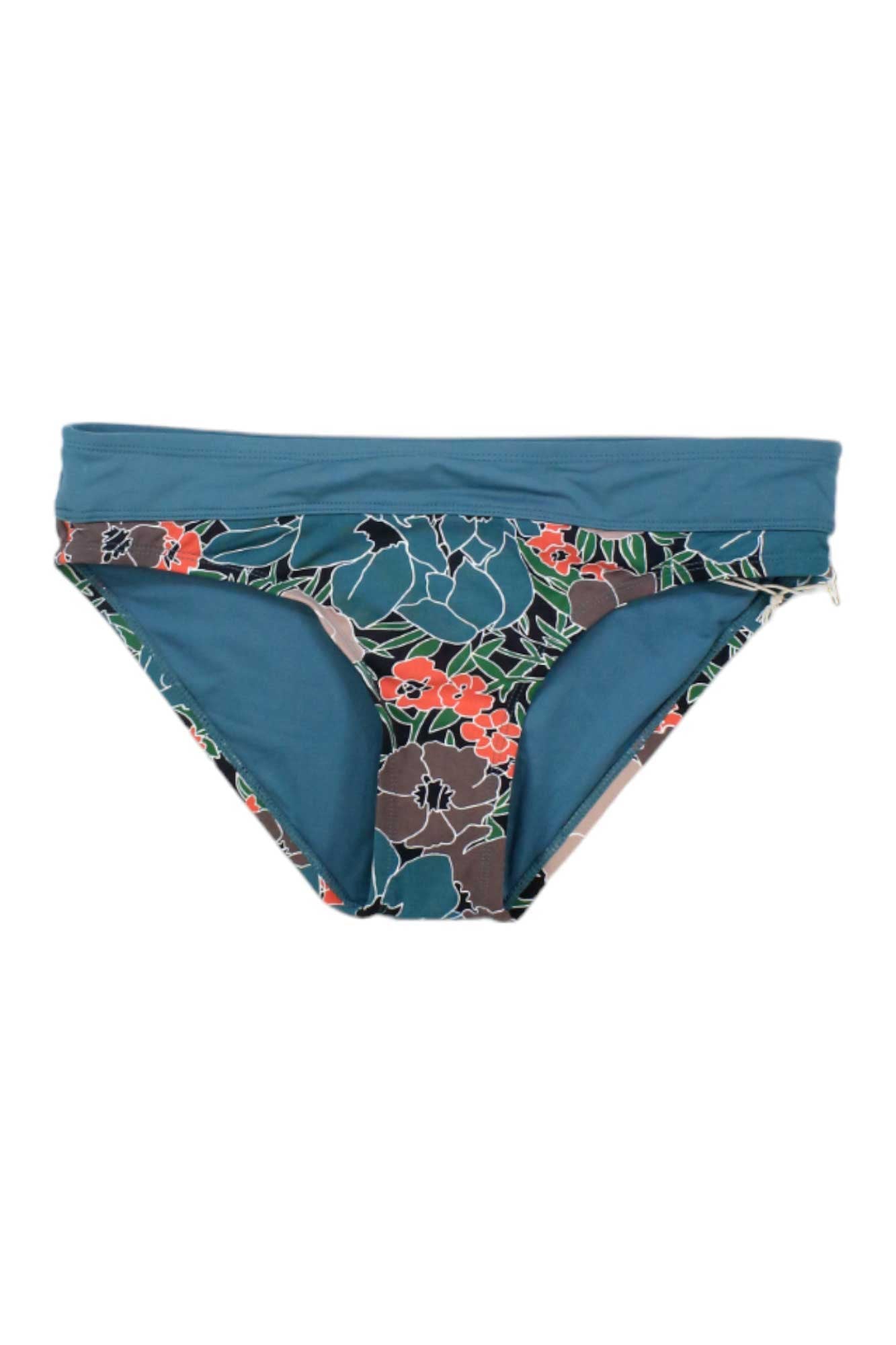 The Carve Designs Womens Stinson Bottom features a teal waistband and a floral print in teal, green, and red-orange on a dark base, offering stylish sun protection and full coverage.