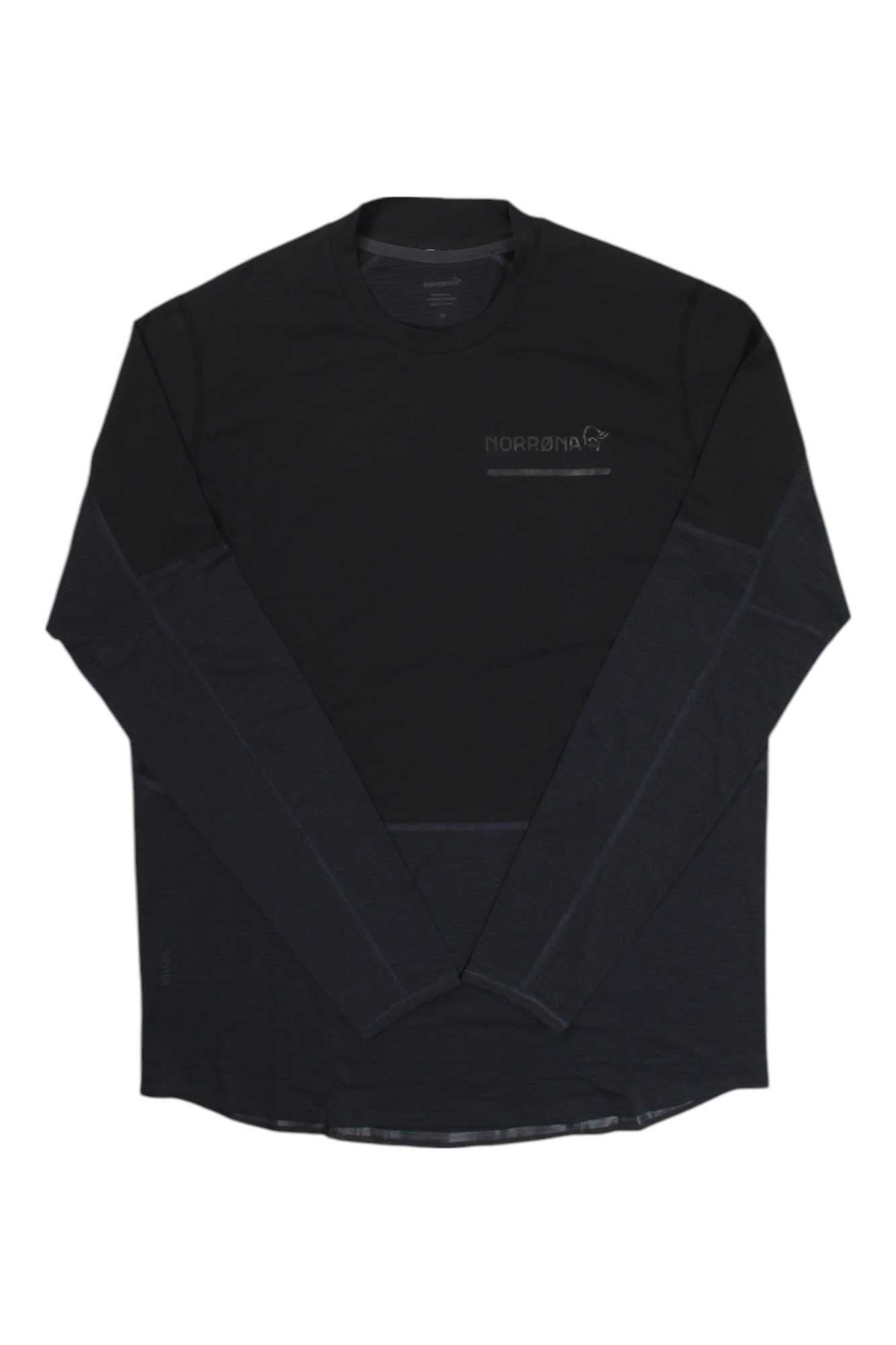 Men's lightweight long-sleeve top with crew neck, Norrona logo, dark gray/black.
