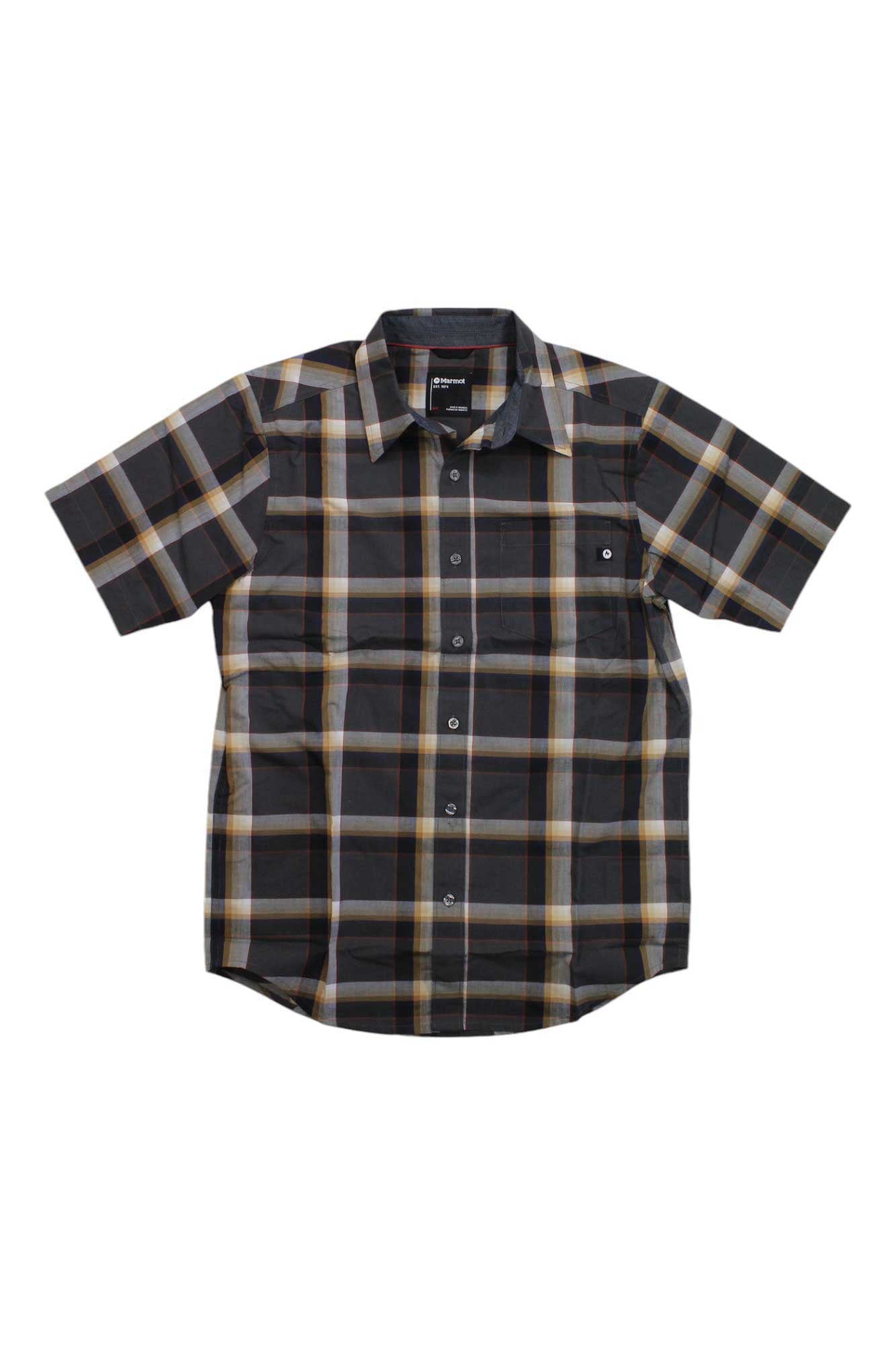 Men's short-sleeve plaid button-up shirt, dark navy/brown with chest pocket