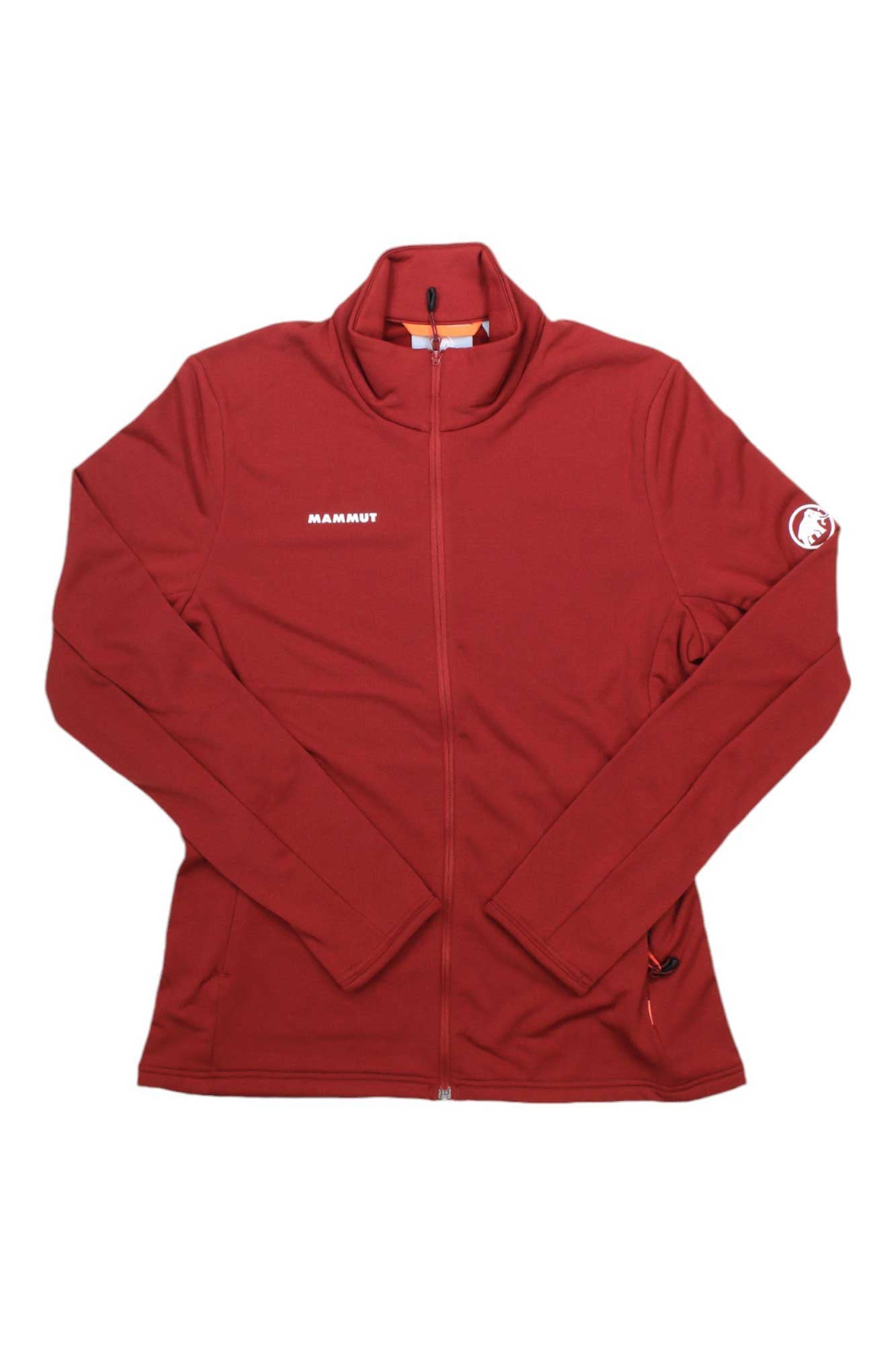 The Mammut Womens Aconcagua Light ML Jacket is a red fleece with lightweight insulation, long sleeves, a stand collar, and Mammut logos on the chest and sleeve. Made from recycled polyester, it's shown laid flat on a white background.