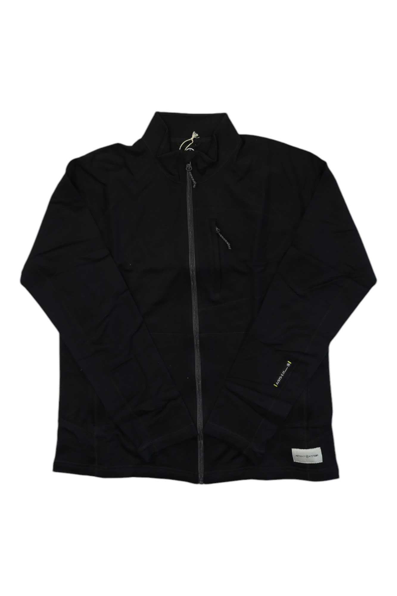 The Artilect Mens Eldorado 310 Merino Jacket is a black full-zip men's jacket with a high collar, long sleeves, and a small zippered chest pocket—perfect for winter camping. Features labels on the lower left sleeve and near the right hem.
