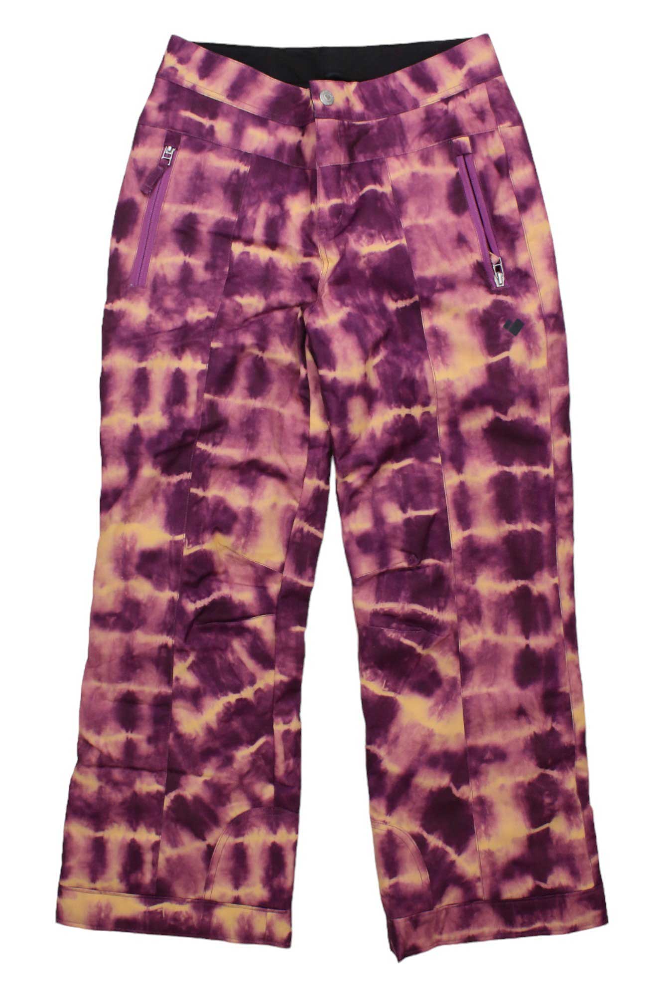 The Obermeyer Brooke Insulated Snow Pants feature a purple and yellow tie-dye design, purple zippered pockets, a black waistband, and waterproof insulation to keep girls warm and dry on the slopes.