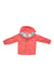 The Rainwall Rain Jacket - Kids, shown in bright coral pink and laid flat with arms extended, is waterproof with a hood, front zipper plus velcro flap, and elastic cuffs—ideal for kids' rainy day outdoor adventures.