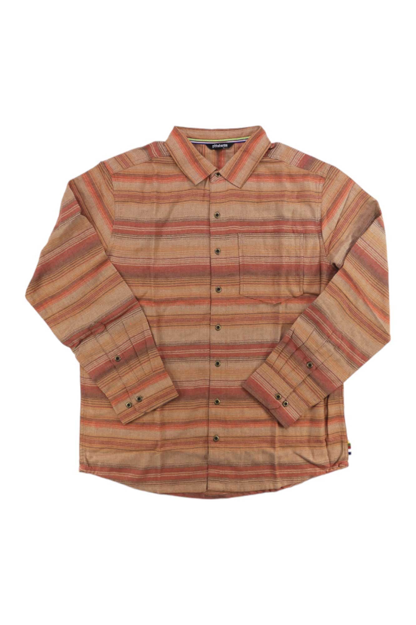The Sherpa Mens Yadav Eco LS Shirt features horizontal orange, beige, and brown stripes, front pockets, and buttoned cuffs. It is laid flat against a white background.