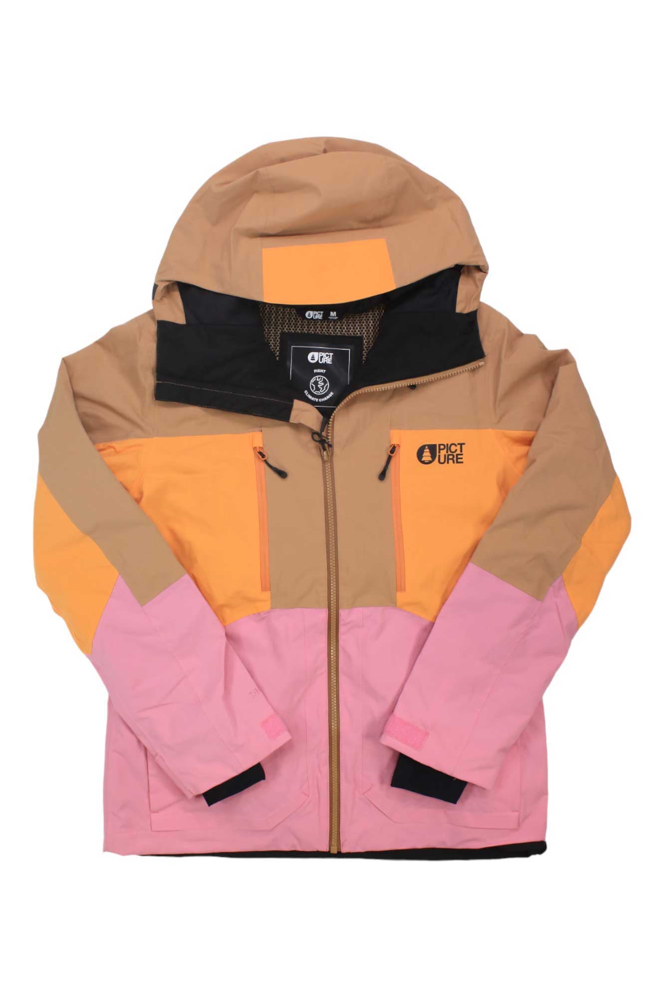The Picture Womens Fresya Jacket is a sustainable outdoor jacket with tan, orange, yellow, and pink color blocks, a hood, front zipper, zippered chest pockets, waterproof breathable fabric, and Picture branding on the left chest.