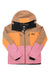 The Picture Womens Fresya Jacket is a sustainable outdoor jacket with tan, orange, yellow, and pink color blocks, a hood, front zipper, zippered chest pockets, waterproof breathable fabric, and Picture branding on the left chest.