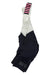 White and dark navy bib shorts with pink striped shoulder straps and RCC logo