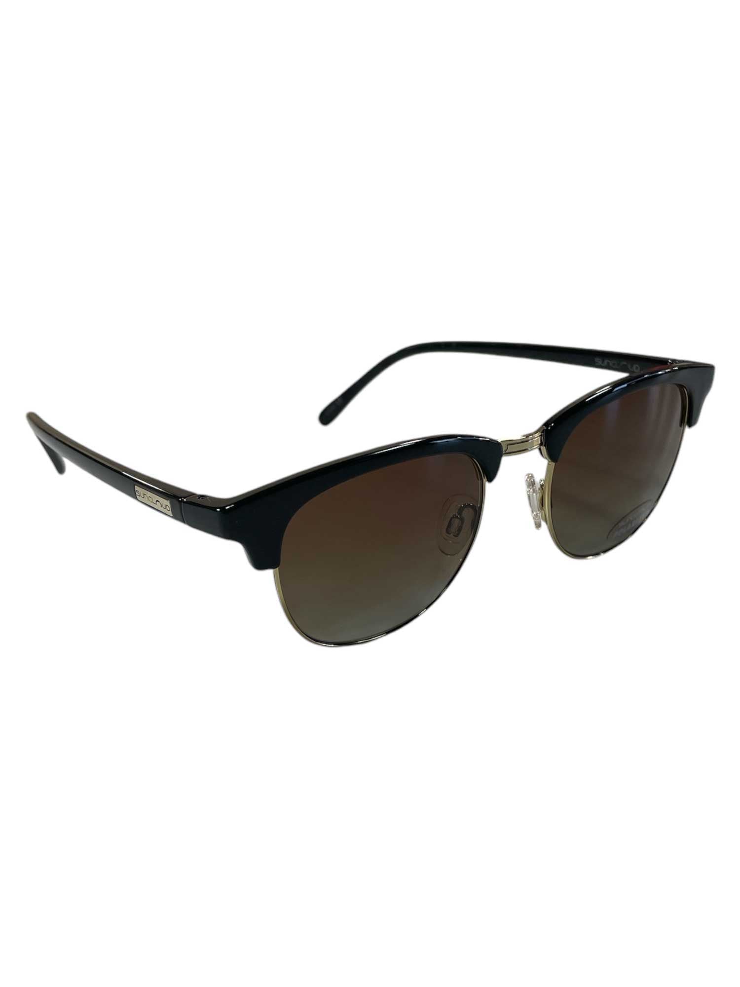The Suncloud Step Out Polarized Sunglasses feature a black, semi-rimless design with dark tinted lenses, UV protection, and metallic accents on the bridge and temples, shown against a white background.