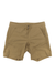 The Arc'teryx Men's Gamma Quick Dry 9 Inch Short is a light brown, knee-length stretch nylon short with zippered pockets, a small logo on the left leg, and a front button and zipper closure.