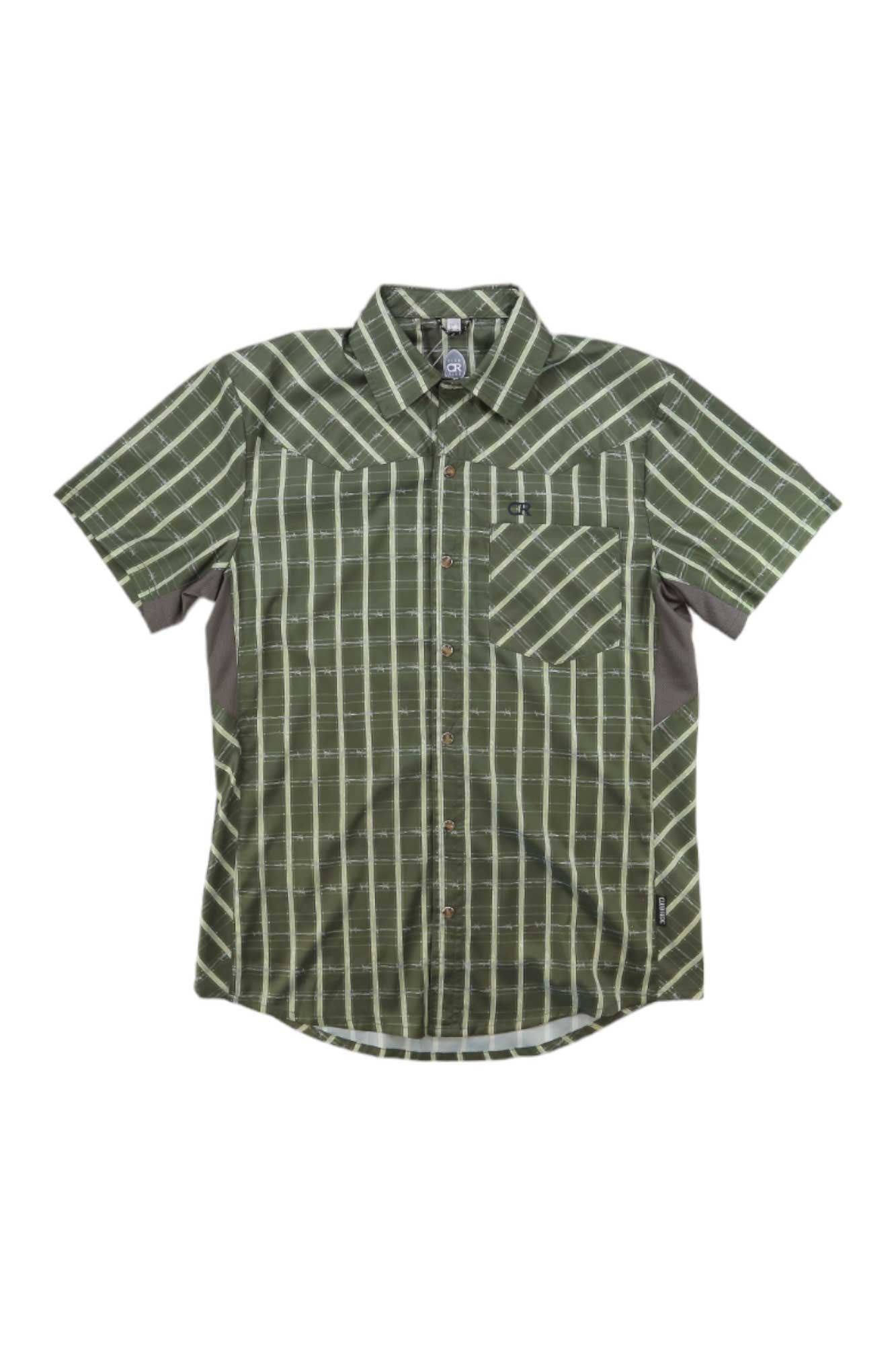 Club Ride Mens New West Printed Shirt: green short-sleeve button-up with a white plaid pattern, left chest pocket, contrasting gray side panels, and moisture-wicking fabric, shown laid flat on a white background.
