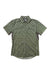 Club Ride Mens New West Printed Shirt: green short-sleeve button-up with a white plaid pattern, left chest pocket, contrasting gray side panels, and moisture-wicking fabric, shown laid flat on a white background.