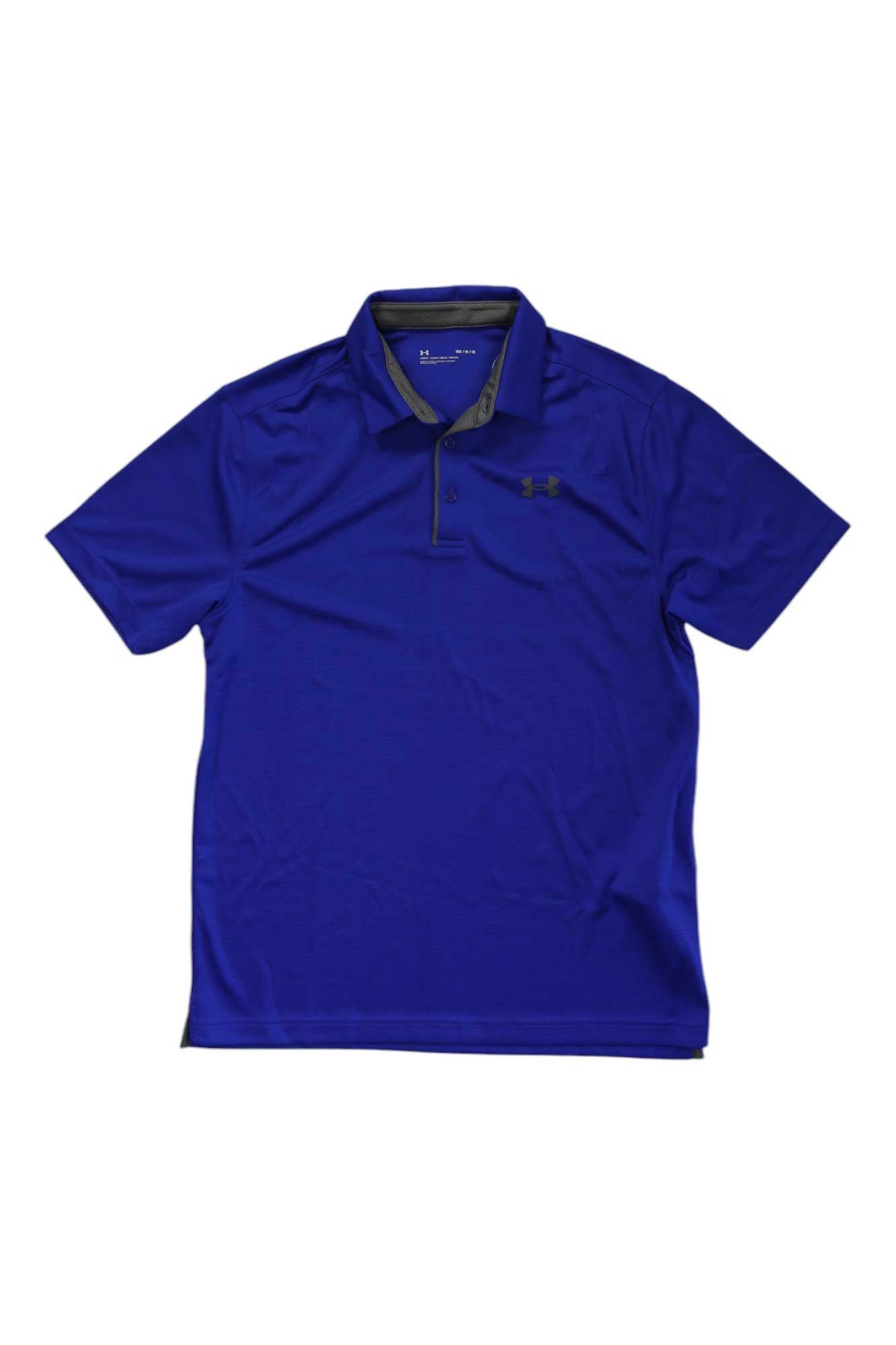 The Under Armour Mens UA Tech Polo is a short-sleeved, royal blue polo with a collar, three buttons, moisture-wicking fabric, and the Under Armour logo on the left chest.