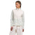 A woman wearing The North Face Womens Alpine Polartec 100 Jacket with a high collar and subtle animal print sleeves, paired with light pants, stands turned slightly to the side against a plain white background.