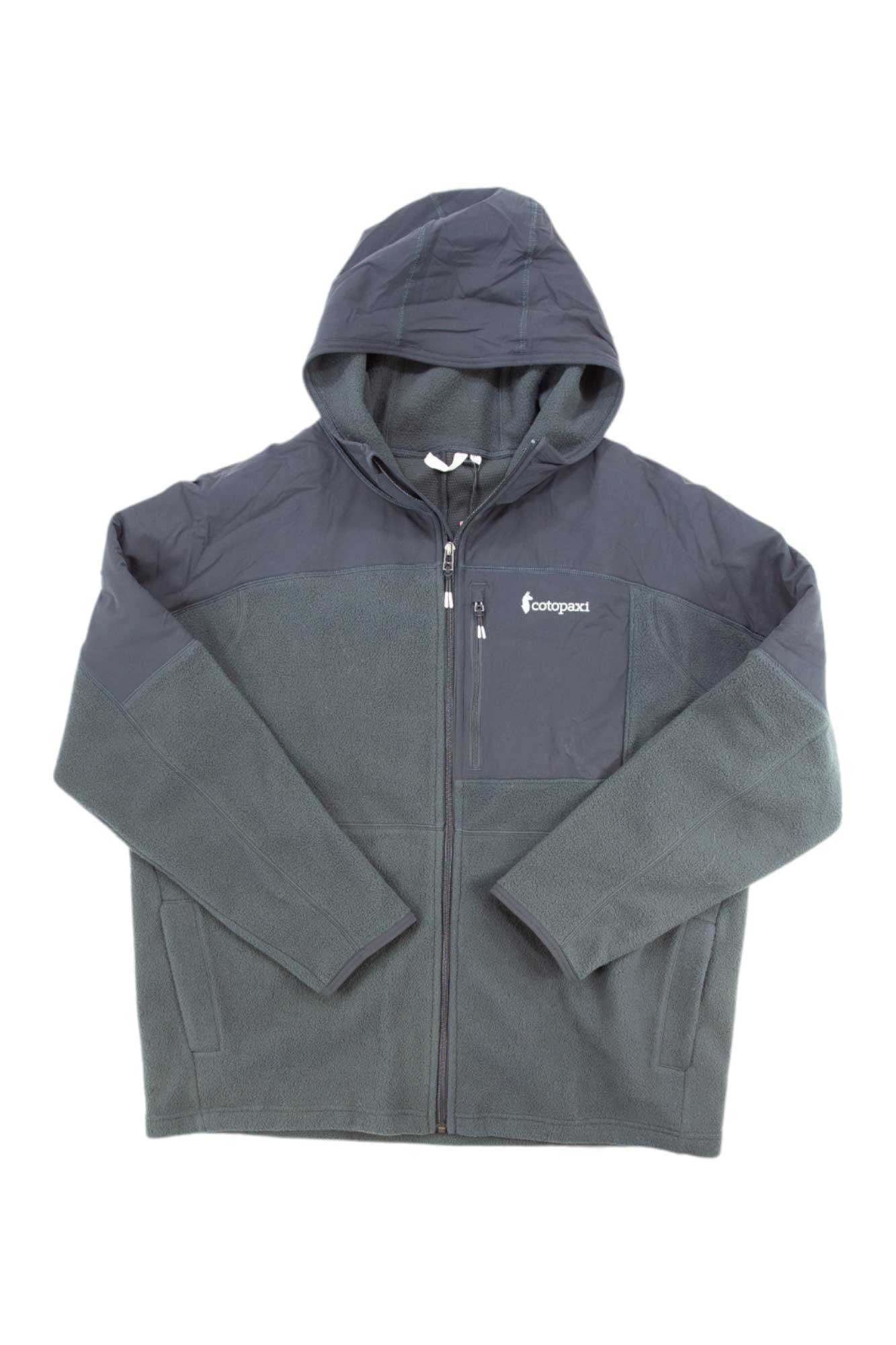 The Cotopaxi Men's Abrazo Hooded Full-Zip Jacket is a gray fleece made from recycled materials, featuring a left chest pocket with the Cotopaxi logo, shown laid flat on a white background.