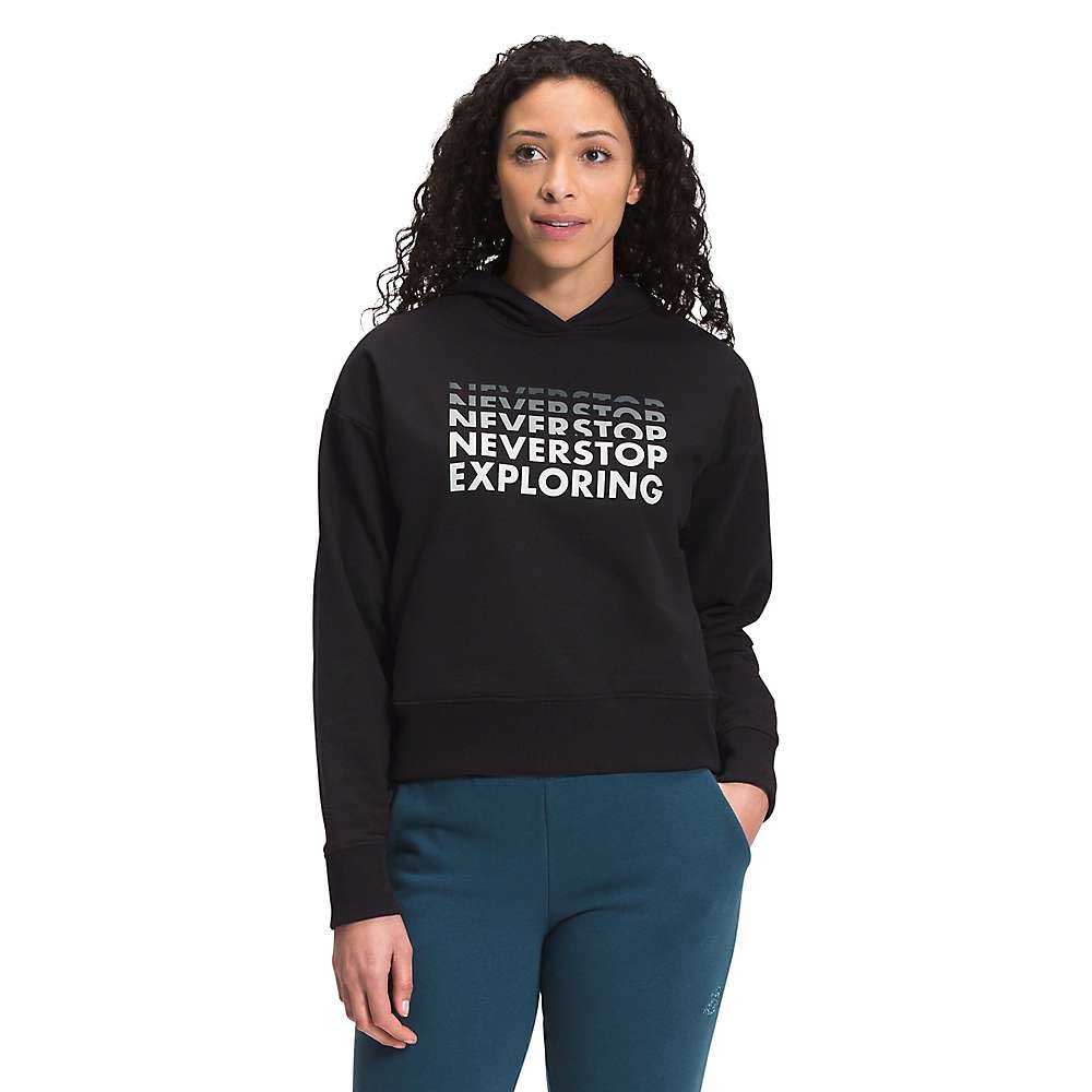 Women’s The North Face logo play hoodie, black, multicolor “Never Stop Exploring” graphic