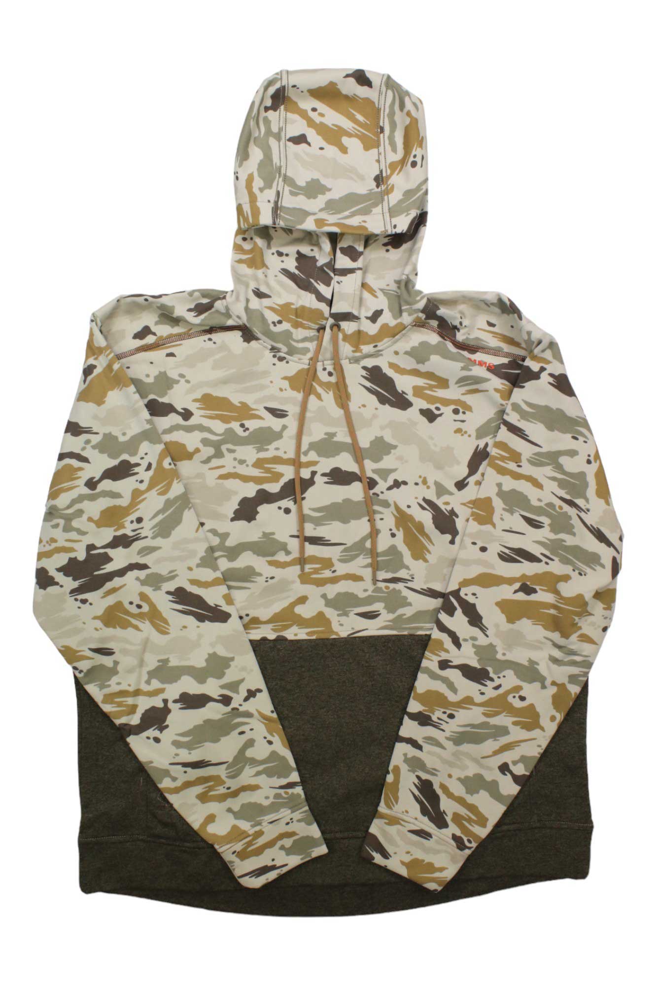 The Simms Mens Solar CX Hoody is made with recycled polyester and features a beige, brown, green, and tan camouflage on the upper part and sleeves, with a solid dark green lower section.