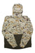 The Simms Mens Solar CX Hoody is made with recycled polyester and features a beige, brown, green, and tan camouflage on the upper part and sleeves, with a solid dark green lower section.