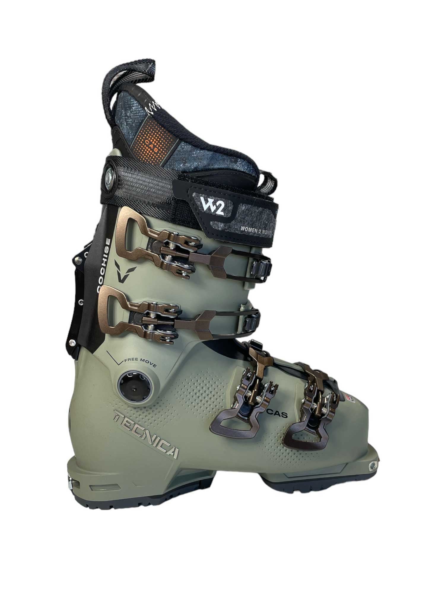 Olive green ski boot with black upper, side view, W2 and CAS buckles