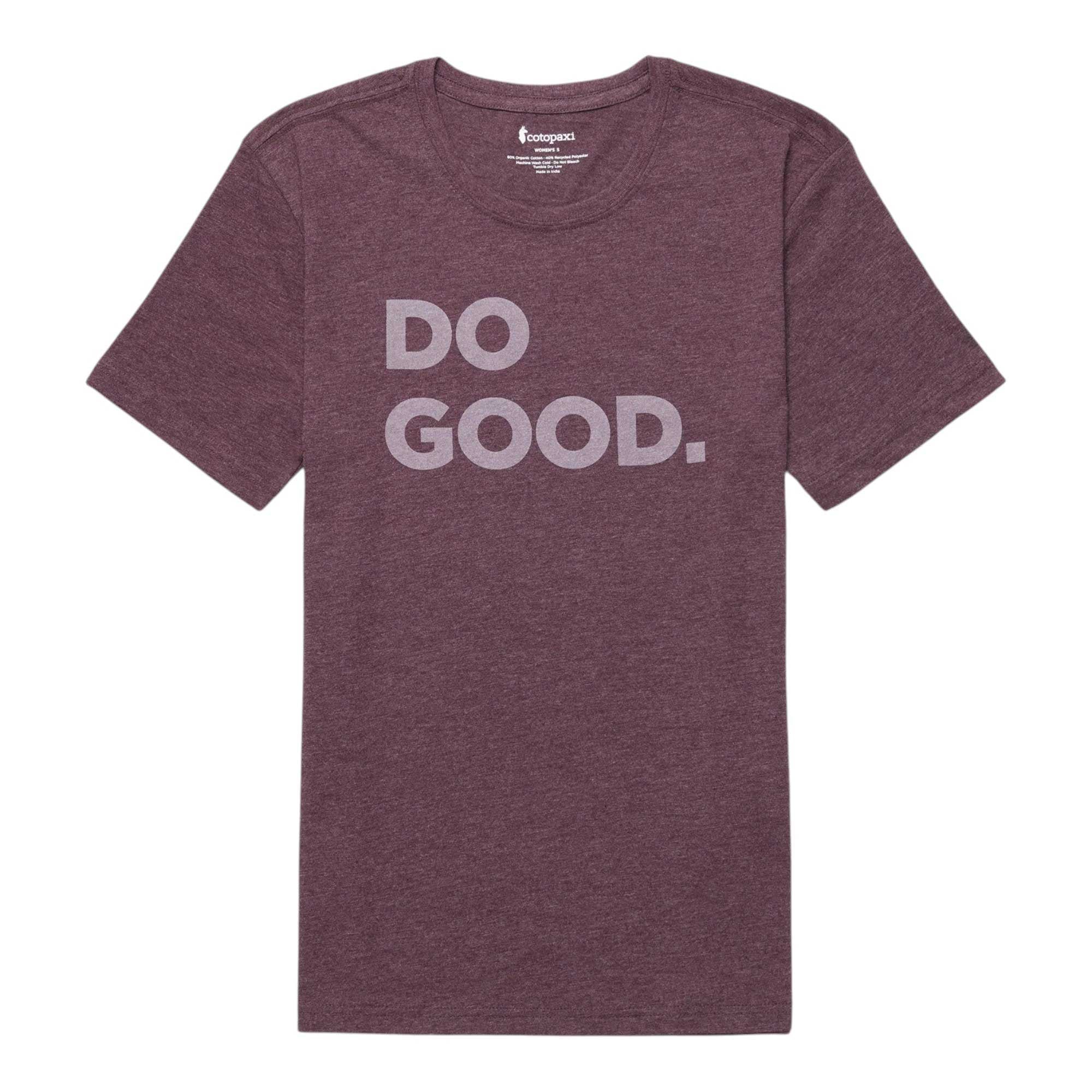 The Cotopaxi Do Good Graphic T-shirt is a maroon short-sleeve tee with "DO GOOD." printed in large, light gray letters on the front—perfect for inspiring your next outdoor adventure.