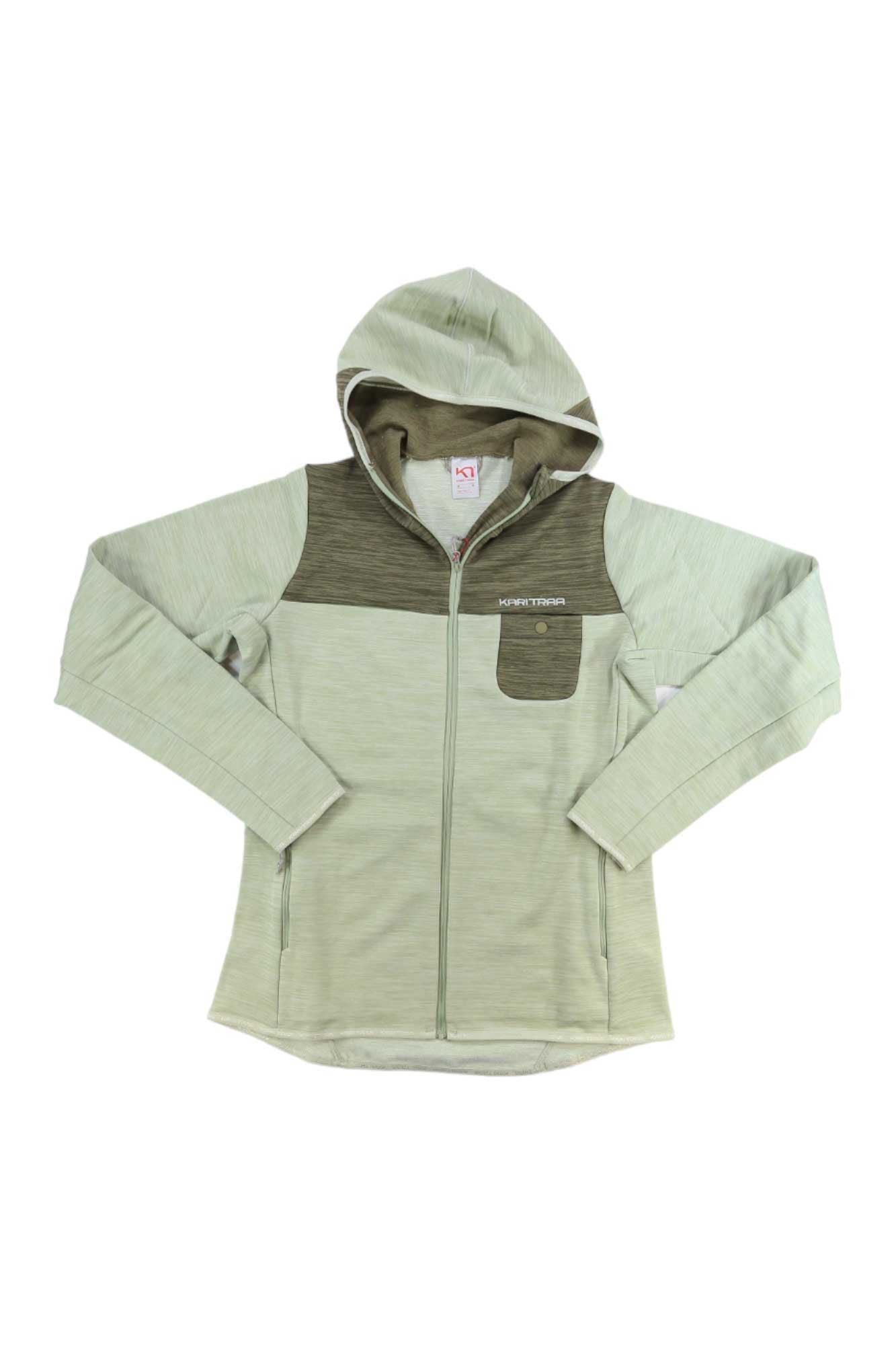 The Kari Traa Women's Sanne Hiking Midlayer is a light green zip-up hooded jacket made from recycled polyester with long sleeves, small chest pocket, and a darker green shoulder/hood panel. Designed for comfort and versatility on the trail.