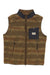 The Howler Brothers Men's Chisos Fleece Vest features a brown and tan pattern, front zipper, two zippered side pockets, black chest pocket with Hustler logo patch, high collar, and sleeveless design—ideal for outdoor adventures.