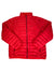 The Men's Tullus Down Jacket in bright red features 600-fill down insulation, a high collar, and a front zipper, shown laid flat on a white background.