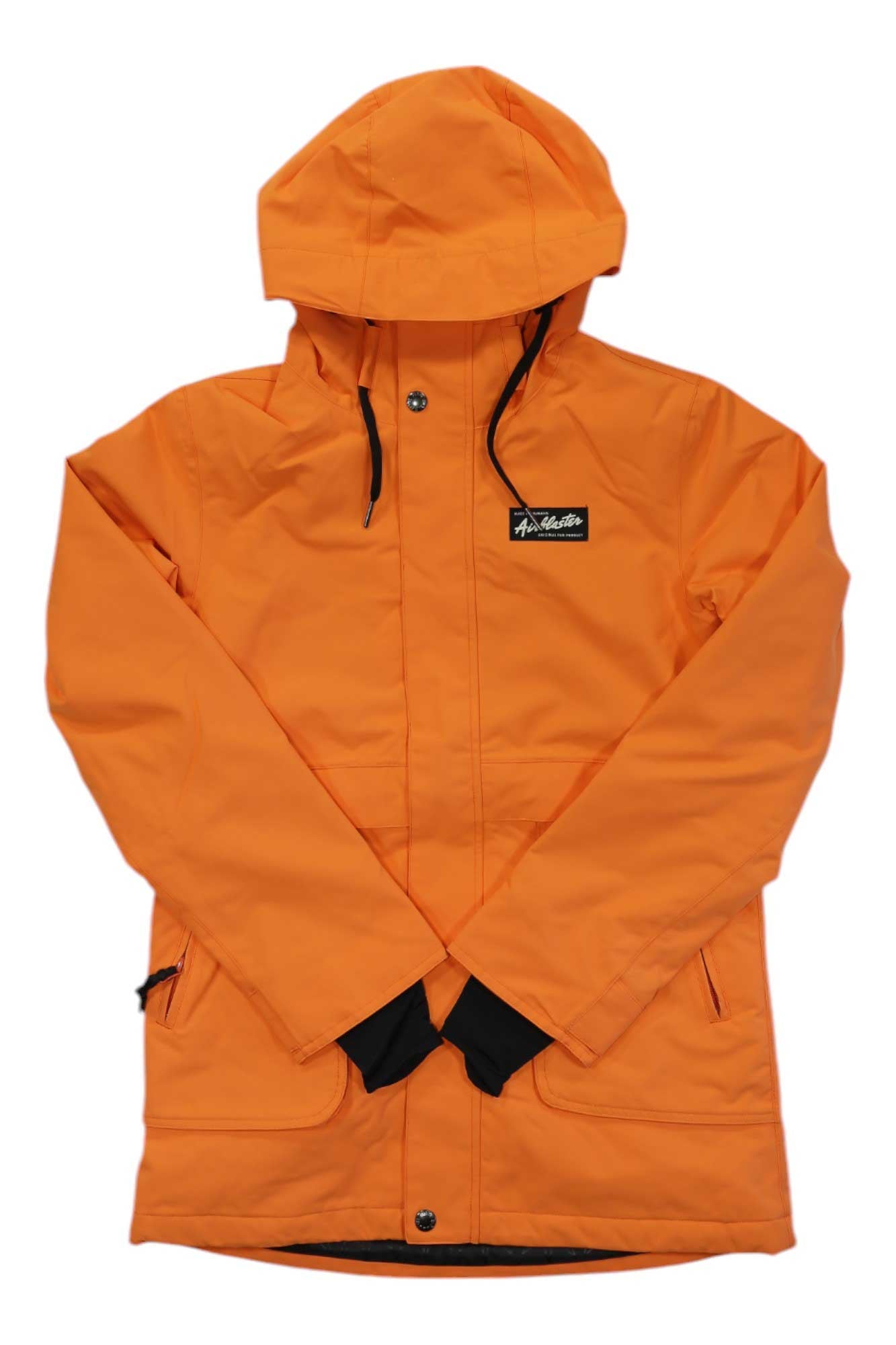 Women's orange hooded jacket with full zip, black drawcord, and front pockets