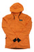 Women's orange hooded jacket with full zip, black drawcord, and front pockets